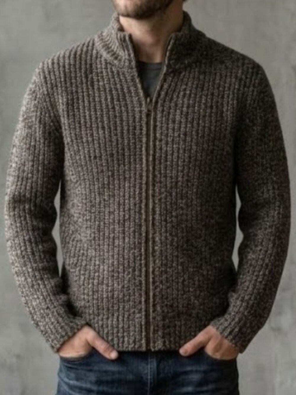 L.L. Bean Wool Lambswool Full Zip Knit Sweater Jacket Marbled Brown Men's L